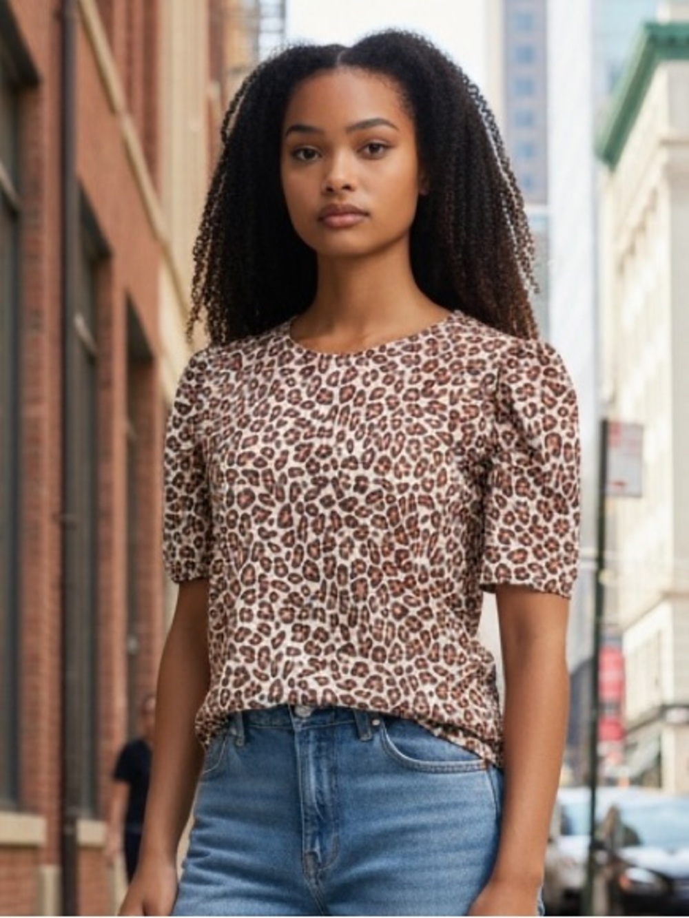 Nine West Brown and Cream Leopard Print Short Sleeve Top